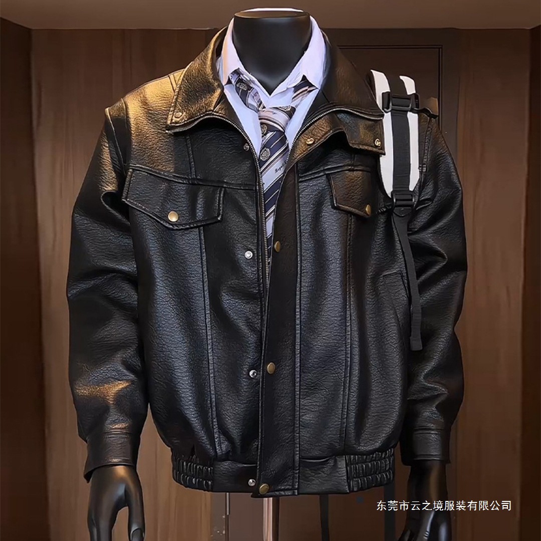 正肩秋季飞行短款外套美式复古情侣感机车服廓形夹克男黑色