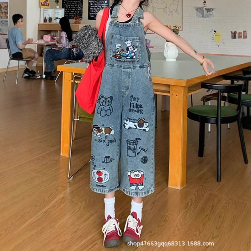 American Retro Cartoon Embroidered Cropped Denim Overalls for Women, Summer New Vintage Straight-Leg Suspender Jumpsuit