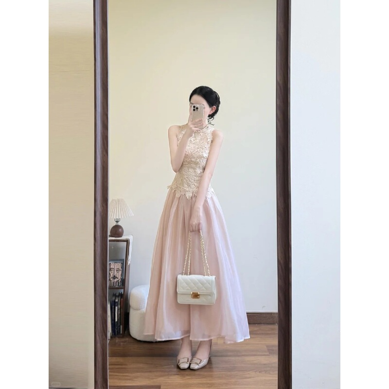 French-Style Water-Soluble Lace Sleeveless Dress, Elegant Long Dress, Engagement Dress, Holiday Fairy Dress, Champagne Color