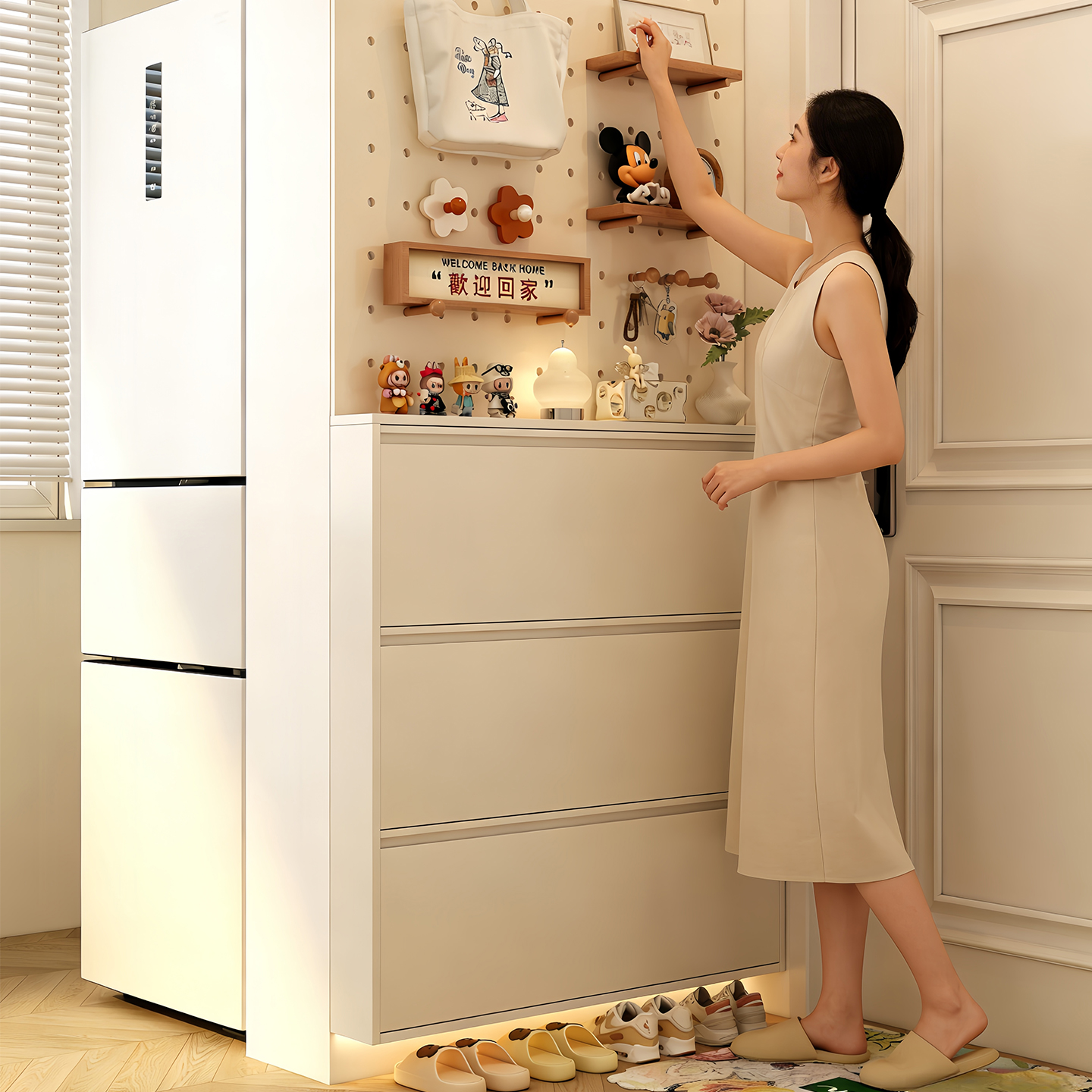 Ultra-Thin Steel Shoe Cabinet for Home Use, Integrated Against the Wall, Entryway Cabinet, Indoor Wall-Mounted, Large Capacity Flip-Up Shoe Rack