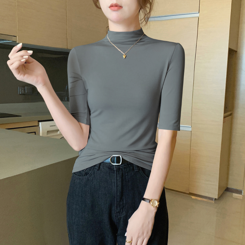 女性用ハーフタートルネックミッドスリーブボトリングシャツ、2025年春秋新作57分袖薄手ミッドカラートップ|undefined