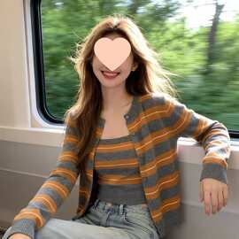 韩系橘色条纹叠穿针织开衫女早春季设计感毛衣外套外搭两件式上衣