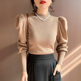 2024 Autumn and Winter New Lantern Sleeve Middle Collar Knitwear Women's Wear Inner Half High Collar Base Shirt Pullover Top Outer Wear