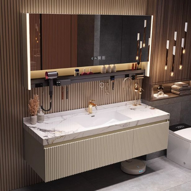 Italian-Style Light Luxury Bathroom Cabinet with Stone Slab, Heat-Bent Seamless Integrated Basin, High Aesthetic Value, Minimalist Washbasin Cabinet Set Italian-Style Light Luxury Bathroom Cabinet with Stone Slab, Heat-Bent Seamless Integrated Basin, High Aesthetic Value, Minimalist Washbasin Cabinet Set