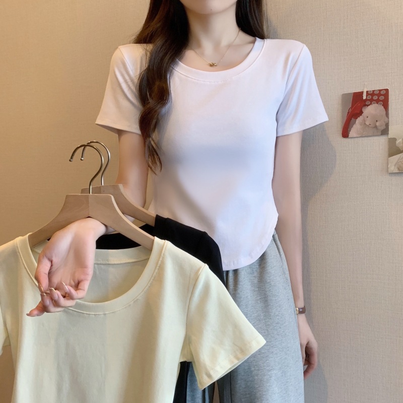 92棉夏裝性感純欲風T恤女短袖正肩辣妹緊身短款弧形下擺上衣體恤