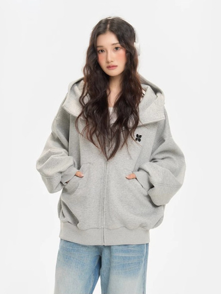 美式复古拉链开衫连帽卫衣女春秋宽松设计简约学院风休闲百搭外套|undefined
