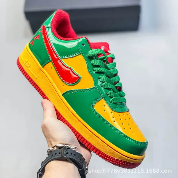 Cross-Border Air Force One Collaboration Sneakers in Green, Gold, and Red Patent Leather, Stylish and Versatile for Couples, Casual Wear