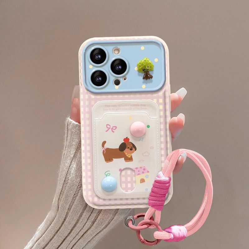Suitable for Apple 14Pro Mobile Phone Case Huawei P60 Cute Puppy Card Holder Lanyard 13 Flip Mirror Stereo Doll