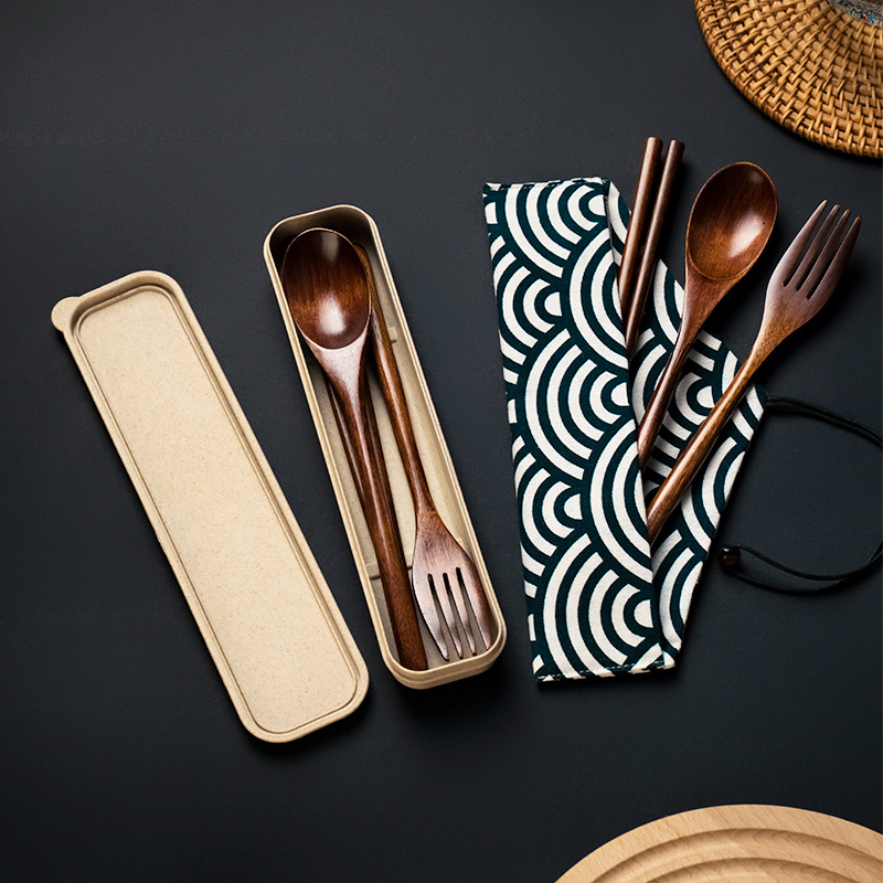 Japanese student Carry go to work With tableware woodiness Portable tableware suit chopsticks Spoon Fork suit