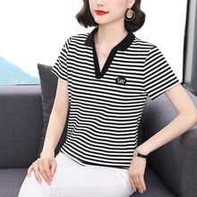 polo领黑白条纹t恤女短袖欧洲站夏装跨境新款修身半袖体恤上衣