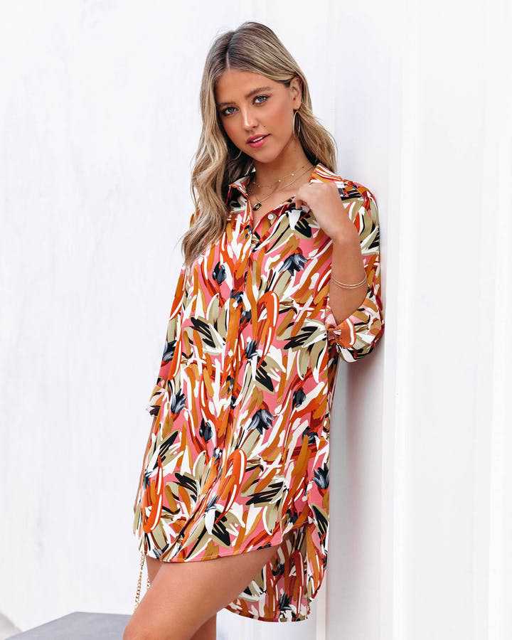 vestido camisero estampado con solapa de manga larga NSJRM135697