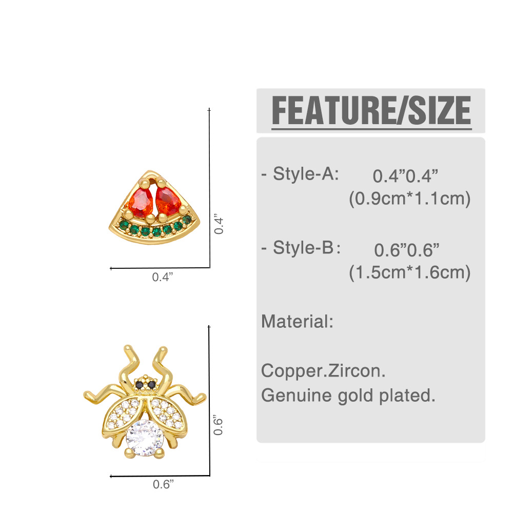 fashion mini insect color zircon copper gold-plated earrings