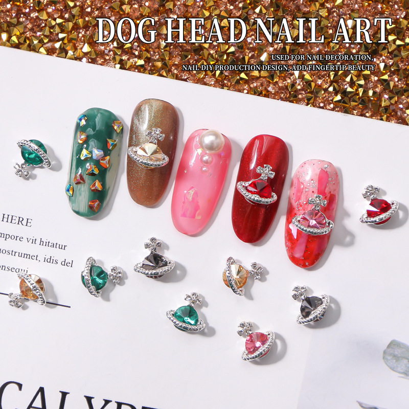 2021 Nueva joyería de Planeta de aleación de uñas popular transfronteriza brillante multicolor Luz de lujo incrustado en diamante uñas decoración de cielo estrellado