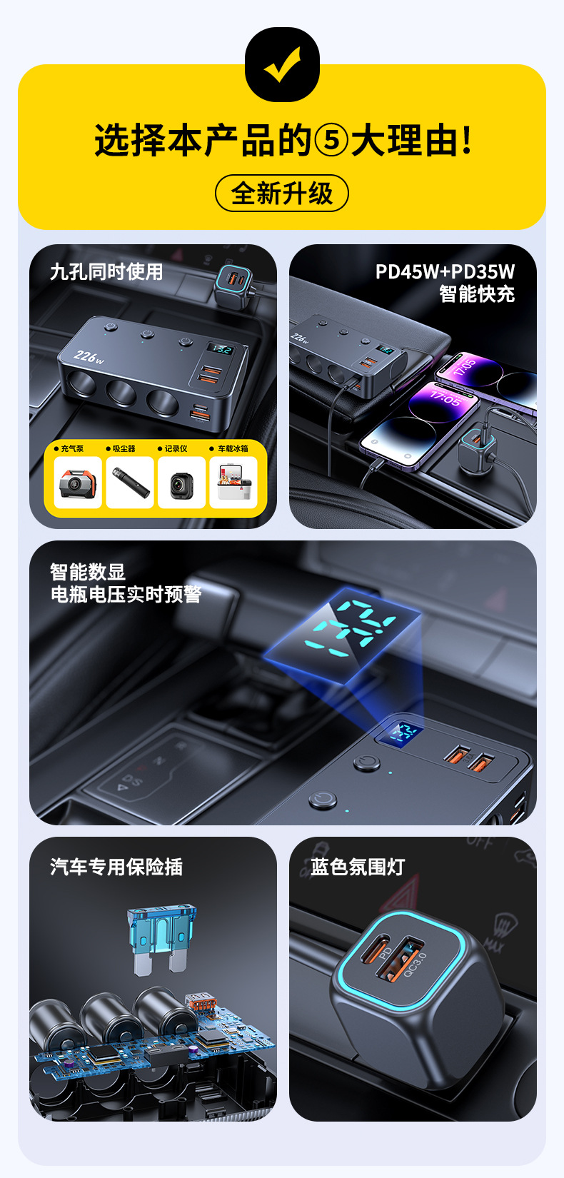 Cross-Border New Model Car Charger 226W Fast Charging One-To-Three Car Accessories Mobile Phone Charger USB Cigarette Lighter