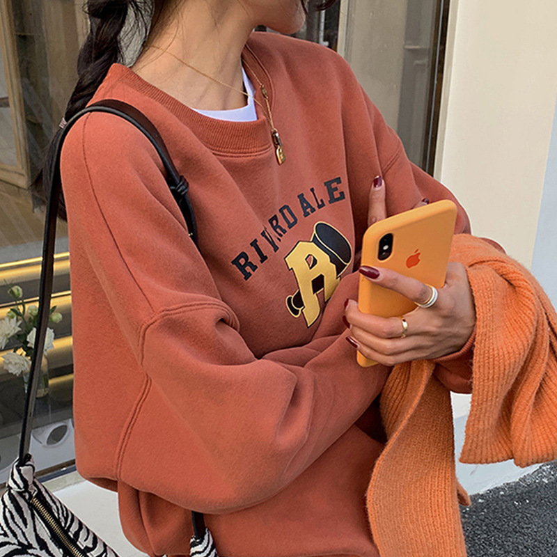 加绒宽松休闲卫衣女秋冬外套古着圆领长袖打底衫上衣外贸韩国女装