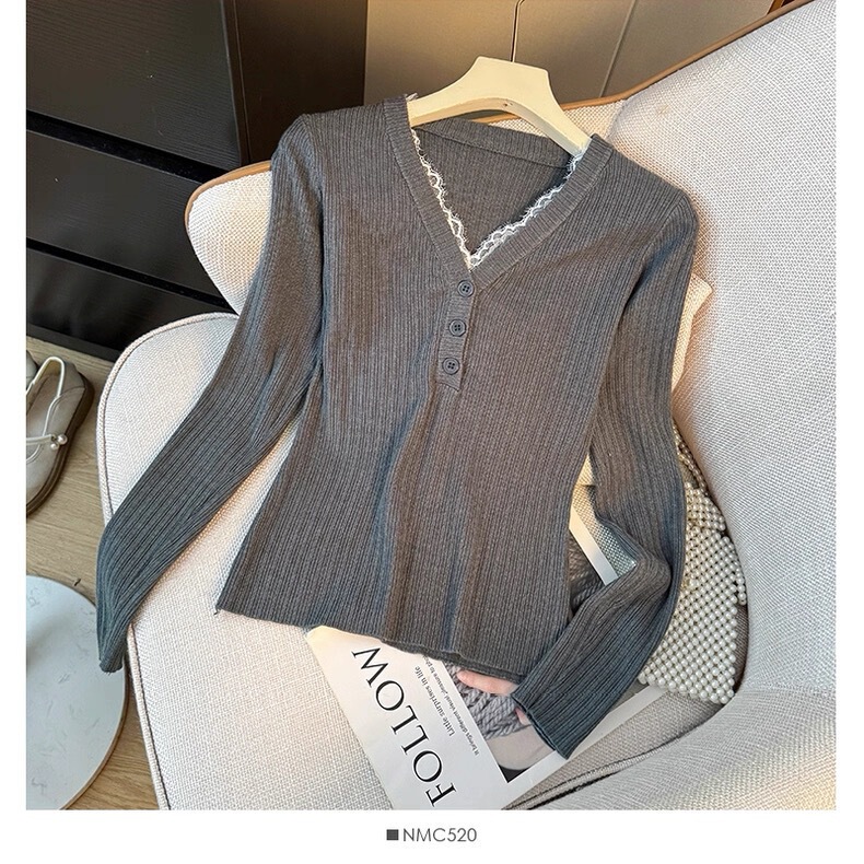 Pure Desire Lace V-Neck Sweater Base Shirt for Women, New Korean Style Long Sleeve Slim Fit Knitted Top for Autumn Pure Desire Lace V-Neck Sweater Base Shirt for Women, New Korean Style Long Sleeve Slim Fit Knitted Top for Autumn