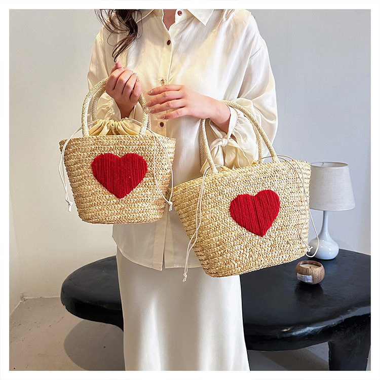 Straw Material Women's Medium Straw Heart Shape Streetwear Bucket Open Bucket Bag