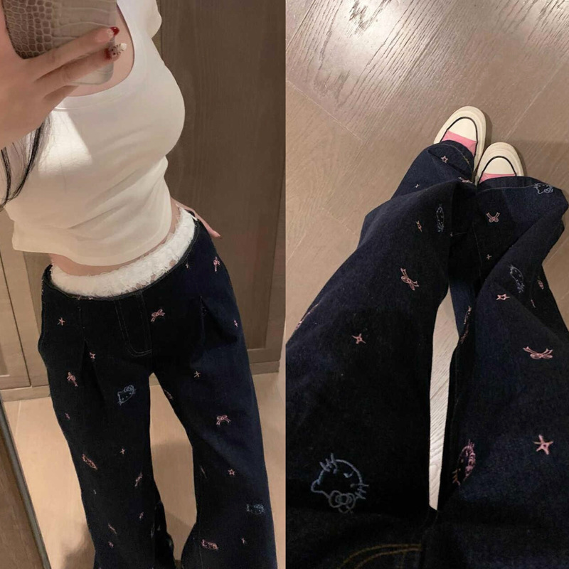 Designer Jeans Women's 2025 New Korean Style Sweet Age-reducing Lace Waist Cartoon Embroidered Slim-fit Pants