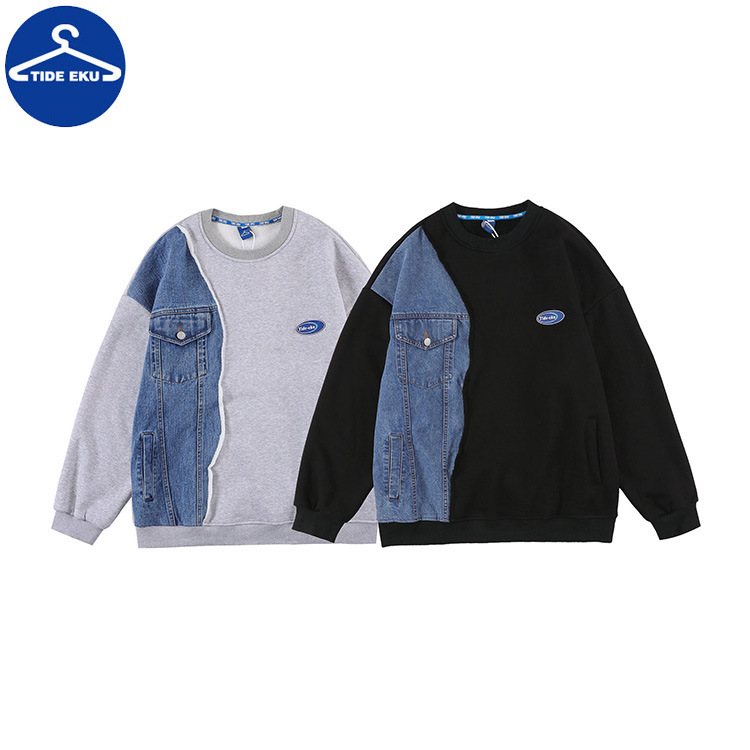 Tideeku Denim Fleece Sweatshirt for Men, Round Neck with Pockets, Loose Street Style, National Trend Design, Retro Casual Tideeku Denim Fleece Sweatshirt for Men, Round Neck with Pockets, Loose Street Style, National Trend Design, Retro Casual
