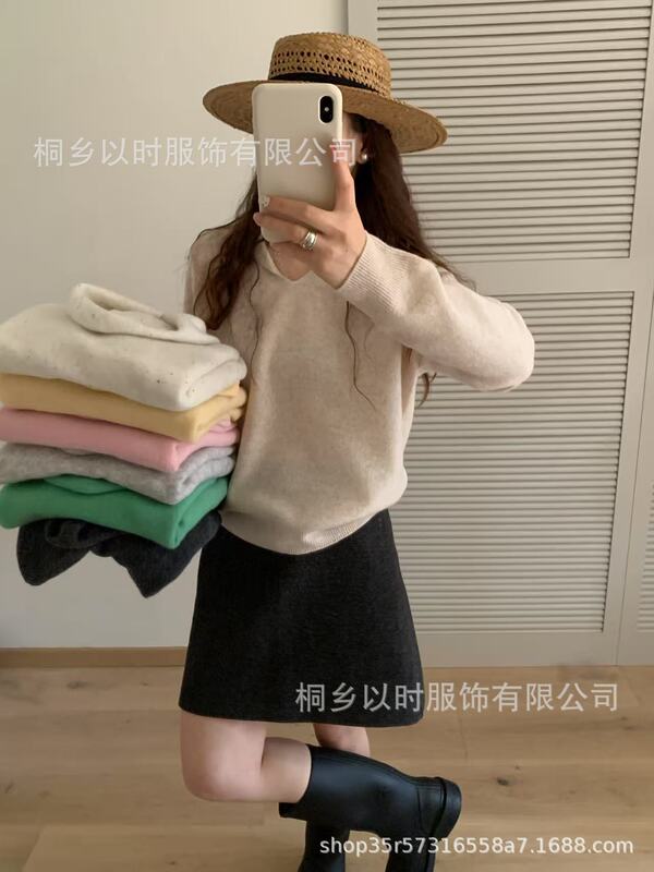 以时 秋冬新品韩系连帽款套头针织羊毛衫 连帽软糯亲肤全羊毛女装|undefined