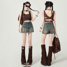 美式复古牛仔短裤女2025新款夏季薄款高腰a字辣妹裙裤包臀热裤子