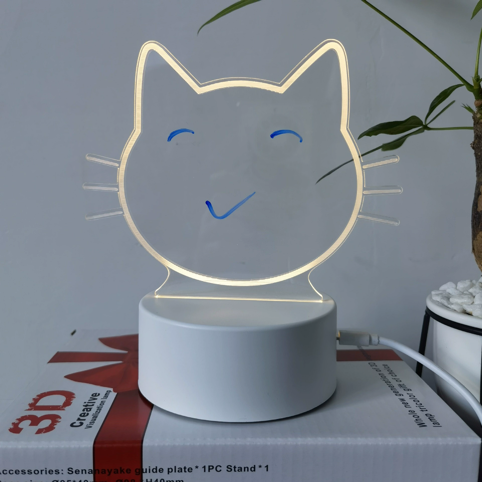 3D acrylic erasable night light, 4 W, USB, customizable acrylic panel and logo-capable base