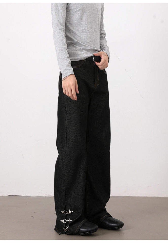 Quần jeans nam ống loe nhẹ denim thô đen, cạp vừa, dáng cơ bản, dài quần — Denim đen chi tiết 14