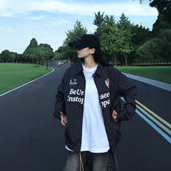 FANSET美式潮牌cleanfit翻领夹克男秋季高街撞色条纹宽松休闲外套