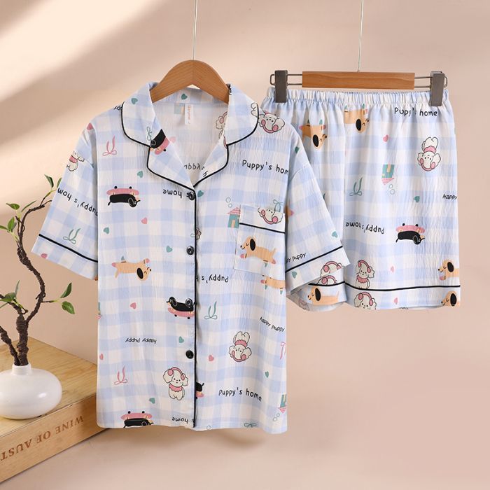 Venta al por mayor transfronteriza verano nuevo pijama mujer nube algodón dibujos animados a cuadros solapa cárdigan manga corta dulce traje de servicio a domicilio