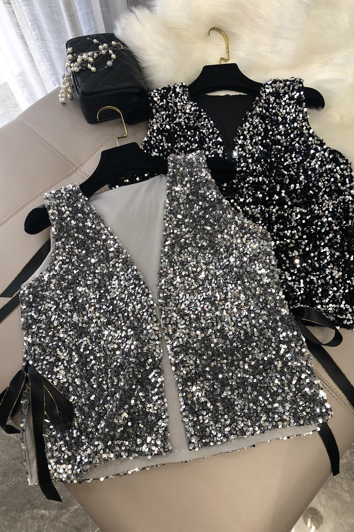Otoño e Invierno nuevo bingbing brillante lentejuelas chaleco suelto encaje-up corto versátil camisa cardigan top