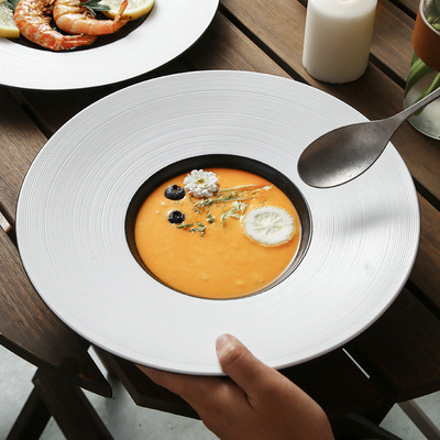 厂家欧式拉丝黑白草帽盘意面盘牛排盘展示盘沙拉浓汤陶瓷西餐盘子