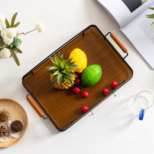 Tea tray household simple iron handle tray restaurant hotel tea set tray rectangular European style bamboo wooden tray