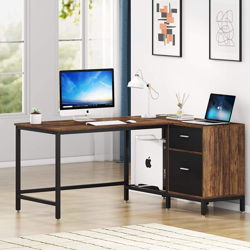2022 New Style L-Shaped Computer Desk with Cloth Drawer, Country American Style, Modern Simplicity, Antique Oak Brown
