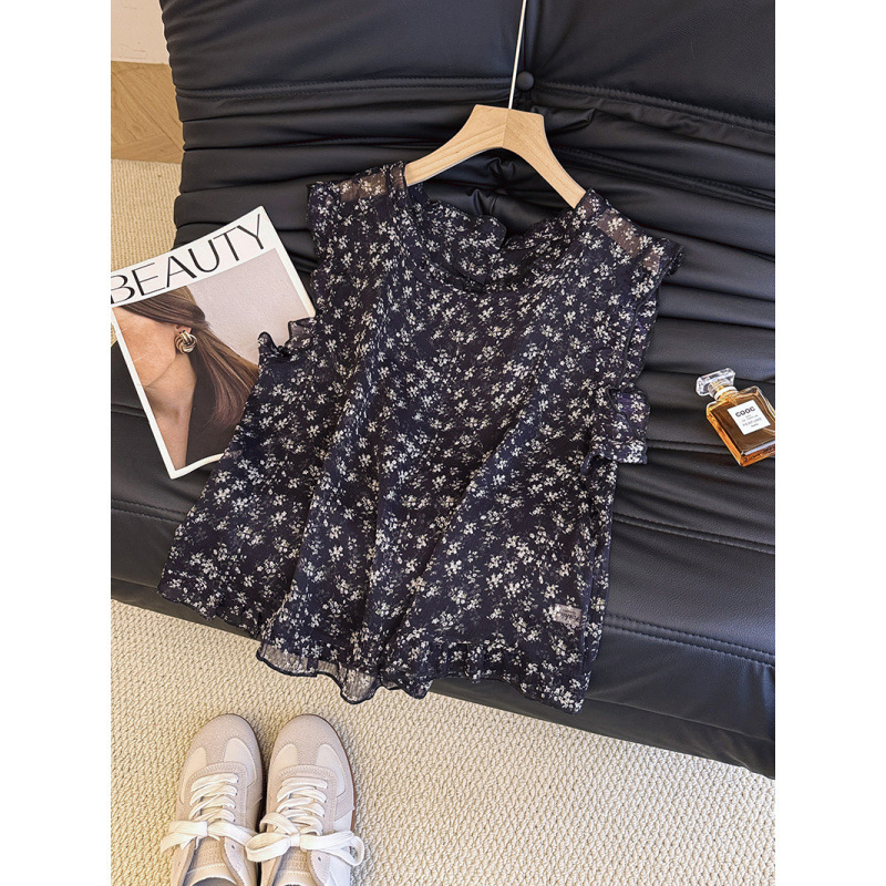 Navy Blue Small Flying Sleeve Floral Babydoll Shirt for Women Summer French New Style High-End Rear Buttoned Ear Sleeveless Shirt