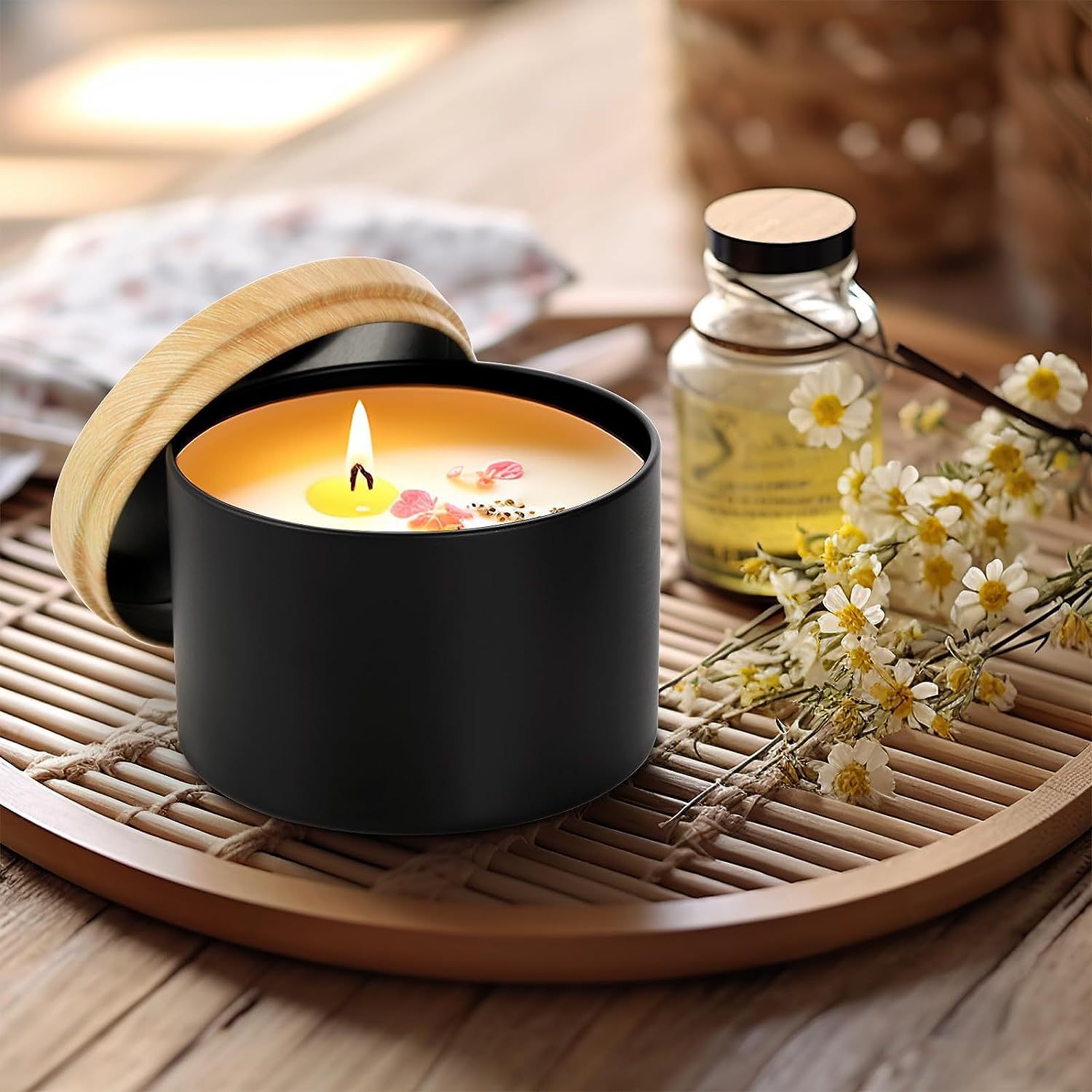 Caja redonda de hojalata negra sellada de doble cara con tapa de imitación de madera de alta gama para dulces, velas y aromaterapia, 4oz 8oz, al por mayor