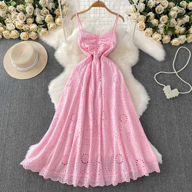 フレンチジェントルスタイルピンクVネックサスペンダードレスレディース夏かぎ針編み中空刺繍スリムロングスカート|undefined