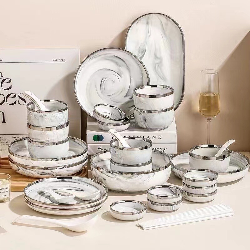Underglaze Color Silver Edge Marble Dishware Set Household High-End Tableware Bowls and Plates Cross-Border Bowls and Chopsticks Combination Wholesale Underglaze Color Silver Edge Marble Dishware Set Household High-End Tableware Bowls and Plates Cross-Border Bowls and Chopsticks Combination Wholesale