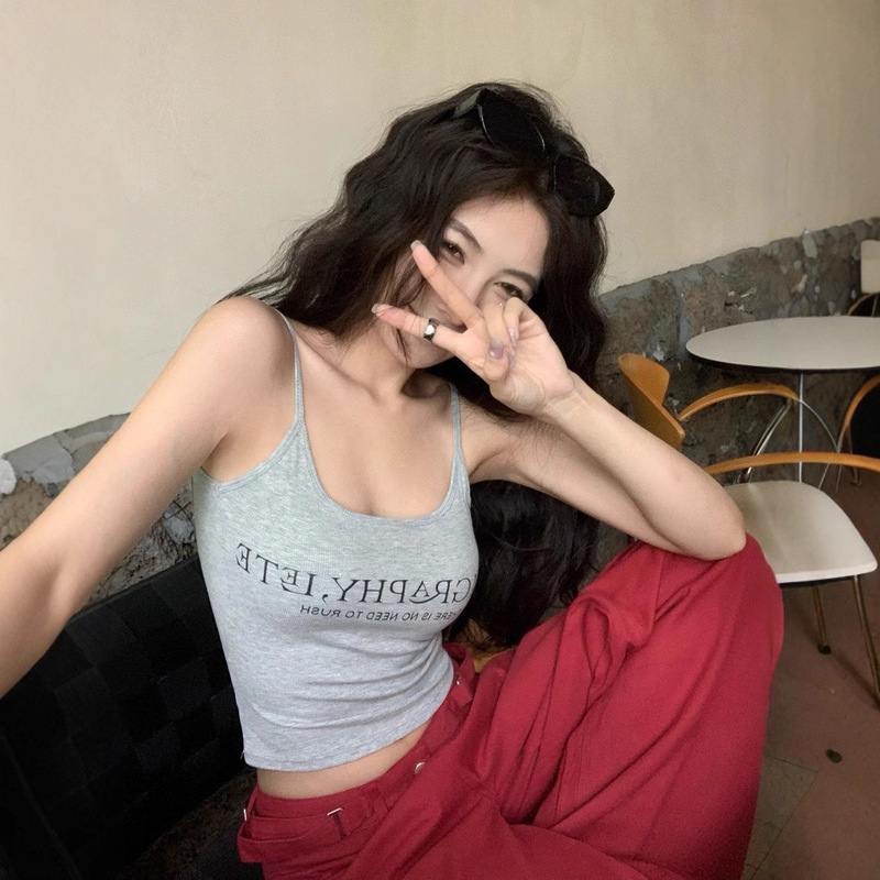 2024 New Arrival Cotton Letter Printed Camisole Vest Women's Slim-fit Slimming Niche All-match Top with Beautiful Back