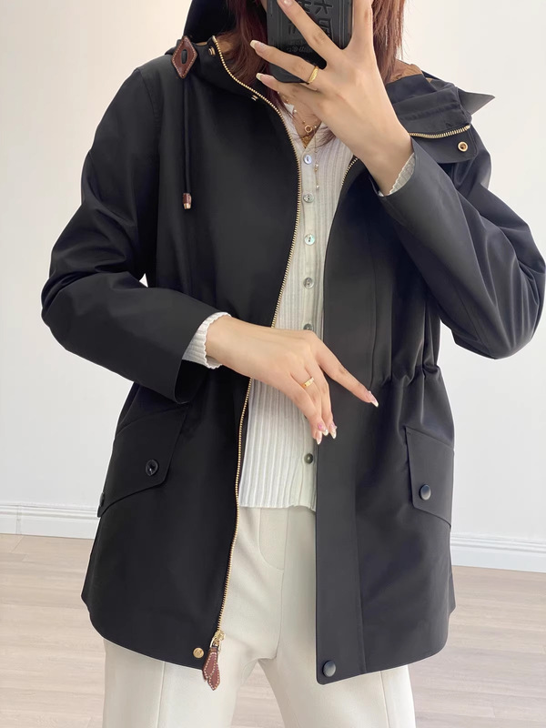 欧单高品女士外套秋冬防风防水连帽夹克英伦风中长款收腰软壳风衣|undefined