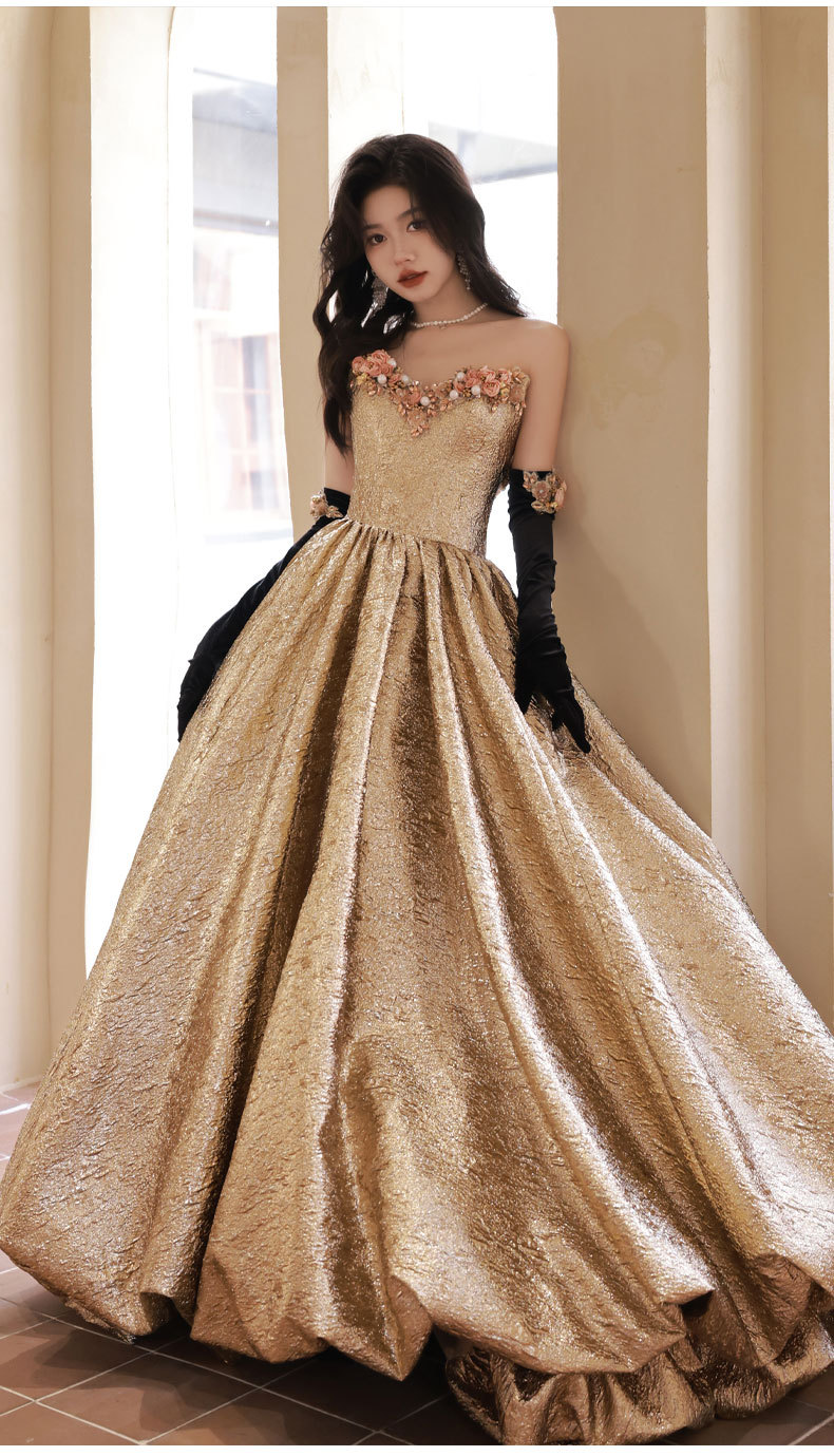 Đầm dạ hội ôm body dáng dài, thiết kế cổ V sâu, tay sát nách, phong cách vintage — Vàng Qidi (không bao gồm găng tay), Màu vàng cộng với găng tay chi tiết 11