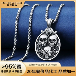 跨境电商朋克风饰品不听不视不言骷髅头项链复古暗黑小众个性吊坠