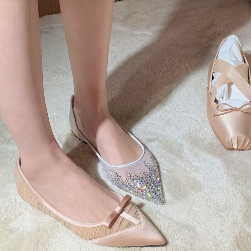 Silk Version~Mesh Flat Shoes for Women with Bowknot, Thin Heels, Shallow Mouth, Pointed Toe, High Heels