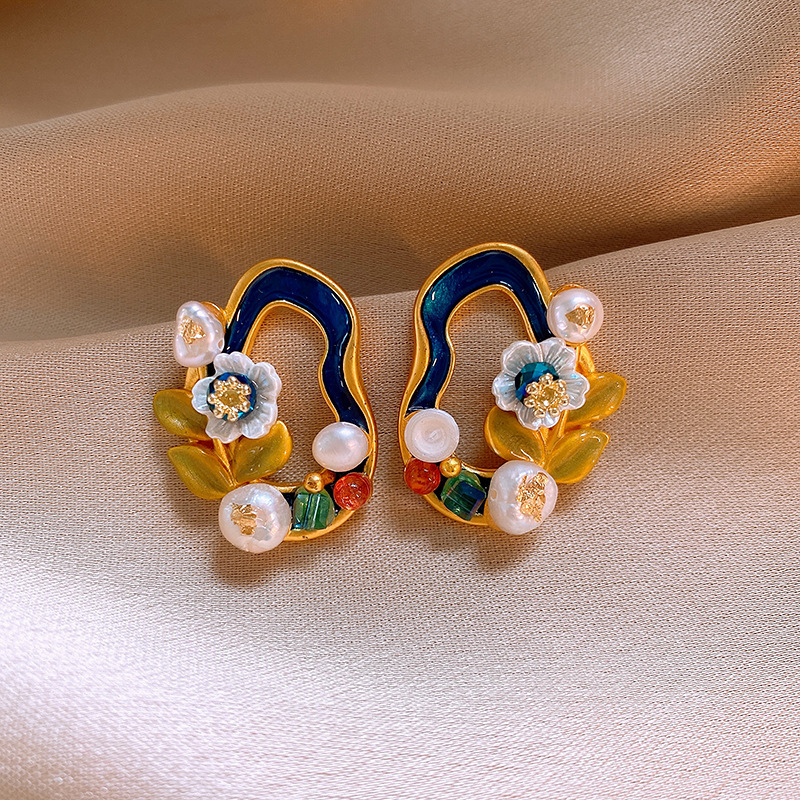 Monet Garden Pintura al óleo Pendientes de perlas de flores de viento Pendientes de lujo ligero de alta calidad Pendientes frescos dulces franceses mujeres