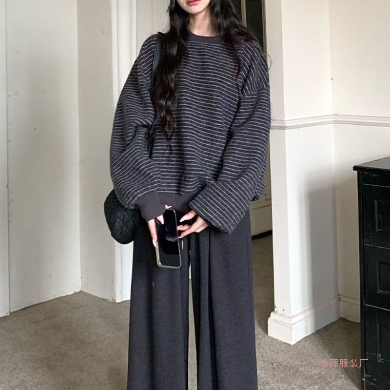 Retro Striped Round Neck Hoodless Long-Sleeved Large Size Sweatshirt for Women, New Autumn Style Korean Style Lazy Style Loose Student Top