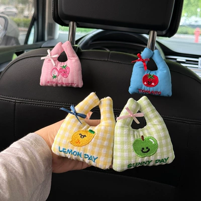 Car-mounted hook for in-car creative multifunctional storage, fruit shopping bag, tote bag hook for neat organization (Sürətlər qutusu və əl tormozu başlıqları) - blue-tomato-green-checkered-green-apple-pink-striped-strawberry-yellow-checkered-lemon-plush-bag-4-black-hooks