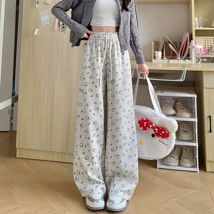 印花小猫咪直筒休闲裤女春季2026新款时尚垂感长裤高腰显瘦阔腿裤