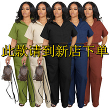 AL269跨境欧美女装套装衬衫短袖两件套亚麻休闲OL办公夏季运动裤