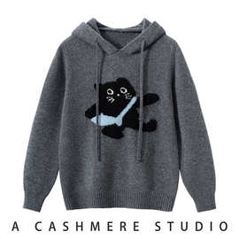 高品质男女宝宝同款纯羊毛连帽帽衫卡通可爱小猫刺绣设计打底衣