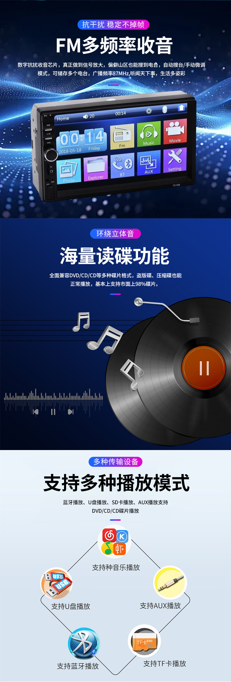 7inch Car Bluetooth Mp5 Player Hd Touch Screen Dual USB Mp5 Reverse Priority Card Reader Car Video Player