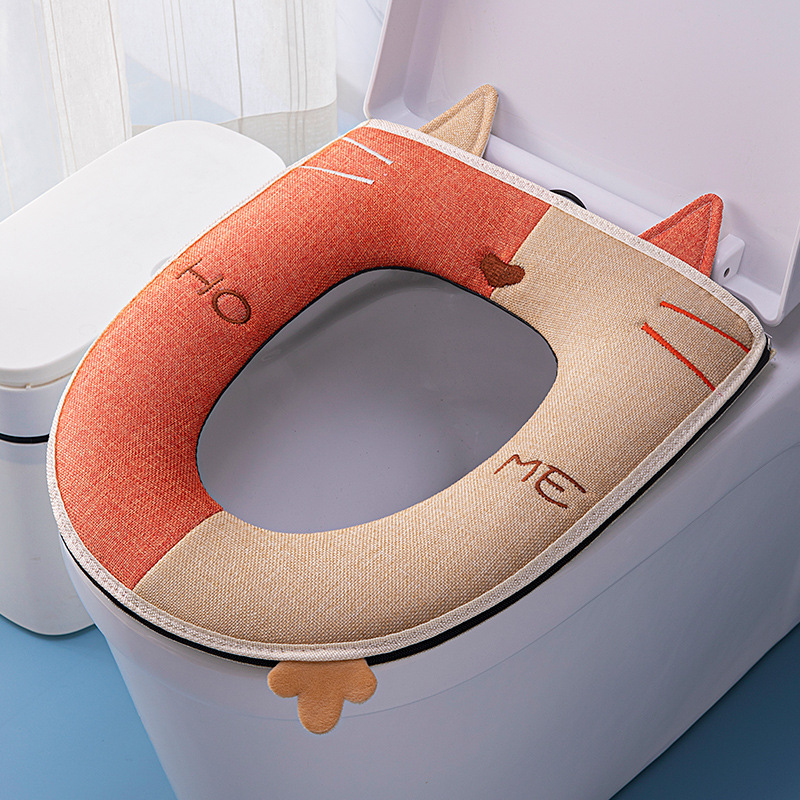 四季対応 猫柄 コントラストデザイン ハンドル付きトイレマット ジッパー式シートクッション トイレカバー 刺繍入りトイレカバー|undefined